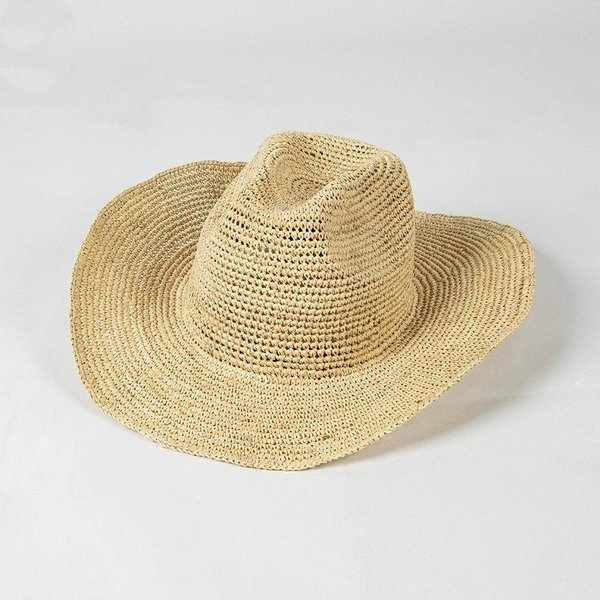 Sombreros De Sol Vaquero Retro De Rafia 100% Natural Para Verano, Sombrero De Paja Panama Tejido A Mano Con Ala Rizada Para Vacaciones En La Playa 55-58Cm Beige-image
