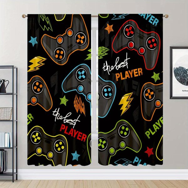2 Piezas Cortinas Con PatróN De Gamepad Cortinas Decorativas Para Ventana Tratamientos De Ventana Para Dormitorio Sala De Estar DecoracióN Del Hogar Persianas Cortinas 100W130H&Rod Pocket-image
