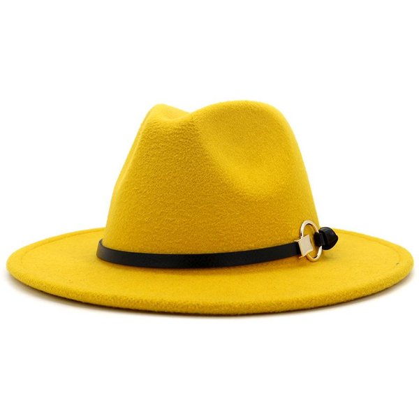 Sombreros Fedora Para Mujeres Y Hombres, Sombreros Trilby De Fieltro Con CinturóN De Metal, Sombrero Fedora De Ala Ancha Ajustable, Sombrero De Jazz Amarillo-image