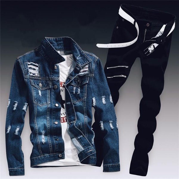 Conjunto De Dos Piezas De Tela Vaquera Para Hombre, Chaqueta Ajustada Con Agujeros Rasgados, Conjuntos De Pantalones Vaqueros, Ropa Informal Vintage Para Hombre, Traje Cargo, Ropa De Calle XL Gray-image