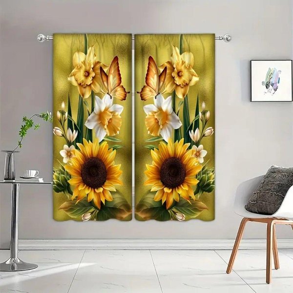 1 Szt. Drewniane ZasłOny Ze SłOnecznikami PółZaciemniająCe ZasłOny Na Przelotkach Do Sypialni Pokoju Dziennego Biura Dekoracja Domu 50W160H(Cm)X2Panel&Grommet Top Yellow-image