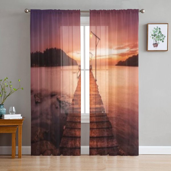Puesta De Sol Sobre El Muelle Del Mar Lujosas Cortinas Transparentes De Gasa Para DecoracióN De Sala De Estar Dormitorio Visillos De Ventana Cortina De Tul 135W X 114H(Cm) Brown-image
