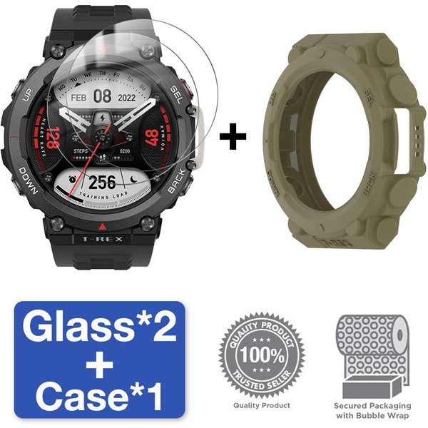 SzkłO+Etui Dla Amazfit T-Rex 2 Ochraniacz Ekranu Folia Ze SzkłA Hartowanego & MięKki Zderzak Ochronny TPU T Rex 2 Rex2 Pokrowiec Akcesoria For Amazfit T Rex 2 Zielony-image