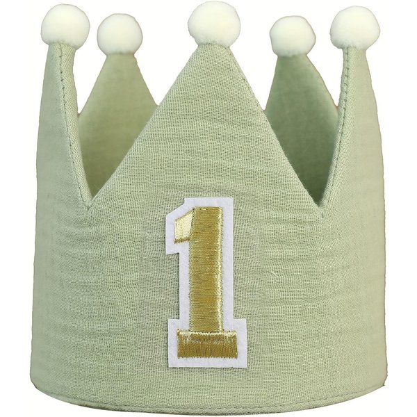 1 Pieza Corona De CumpleañOs Verde Boho Chic Hecha A Mano Con Parche Dorado 1 Lino Para Celebraciones De Primer CumpleañOs, DecoracióN De Fiesta Y Accesorios Para Fotos Verde-image