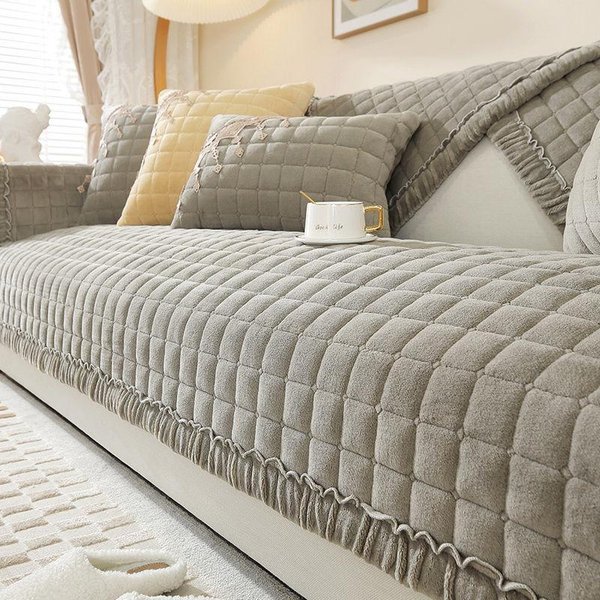 CojíN De Sofá De Felpa Antideslizante De Invierno, CojíN De Franela A Cuadros Grueso, Respaldo De Sofá De Cuero, Reposabrazos, Toalla De Sofá De Terciopelo Personalizada 70X70Cm 1Pcs Gris-image