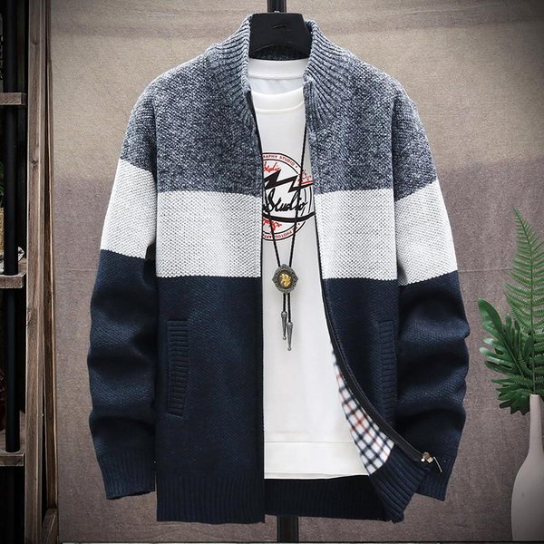 Zimowy MęSki Sweter Kardigan Patchworkowy KołNierz StóJka Swobodny Zamek BłYskawiczny Dzianinowy Gruby CiepłY Sweter Xxxl Ciemny Kolor Szary-image