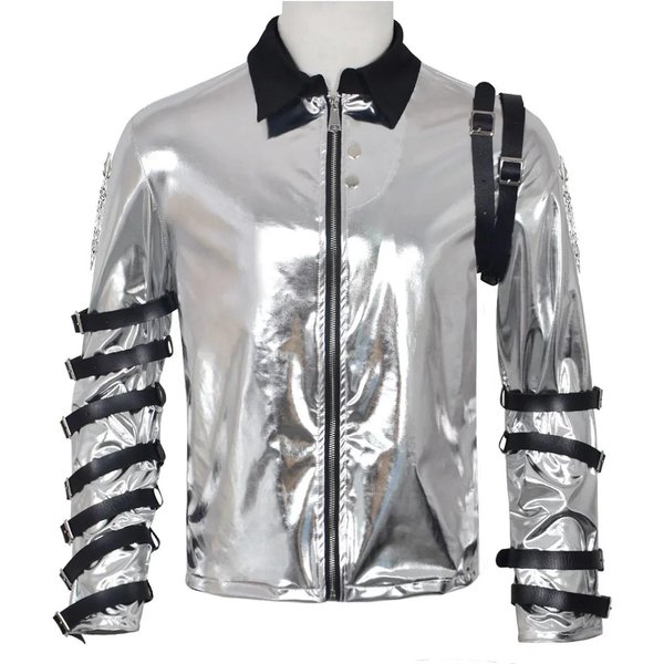 MęSki Pop Punk Michael Jackson Srebrny PłAszcz Na Zamek Kostium Cosplay Kostium Halloweenowy Maskarada Kostium Na WystęP Sceniczny S Gray-image