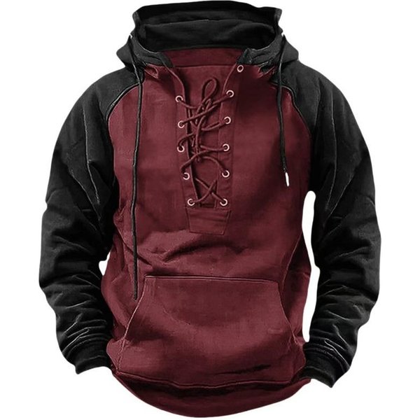 MęSka Bluza Z Kapturem Raglanowa W Bloki KoloróW, Sznurowana Henley, Kieszeń Z Przodu, Vintage, Prana, Bluza WkłAdana Xxxl Claret-image