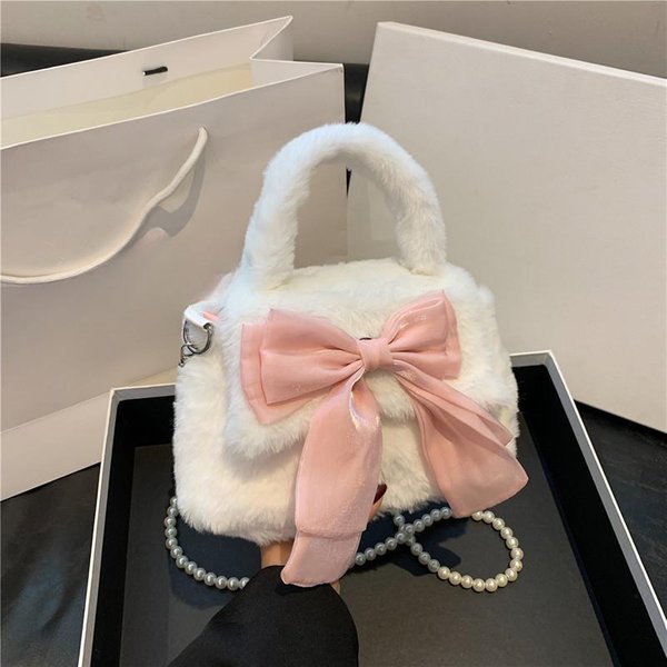 SłOdka Kokardka, DziewczęCa Pluszowa Torba Dojazdowa, Pluszowa PerłA, Torebka Na Ramię, Crossbody BiałY-image