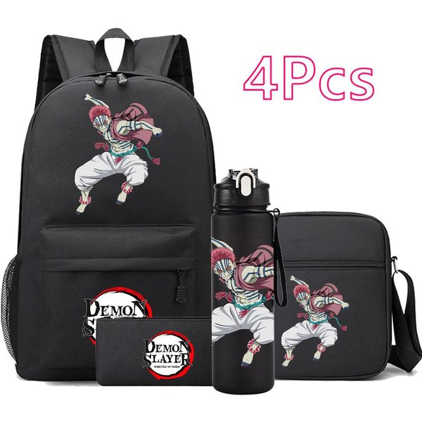 4 Piezas/Set Mochila Estampada Anime Demon Slayer Bolso Para Libros Bolso De Hombro Estuche Con Botella De Agua De 750 Ml NiñO NiñA Gran Capacidad Impermeable Mochila Escolar Black-image