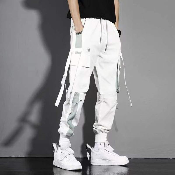 Klasyczne Streetwear Casual Men WstążKi Harem Spodnie Do Biegania MęSkie Slim Fit Wiosenne Spodnie Cargo Multi-Kieszenie Damskie Spodnie Xxxxl BiałY-image