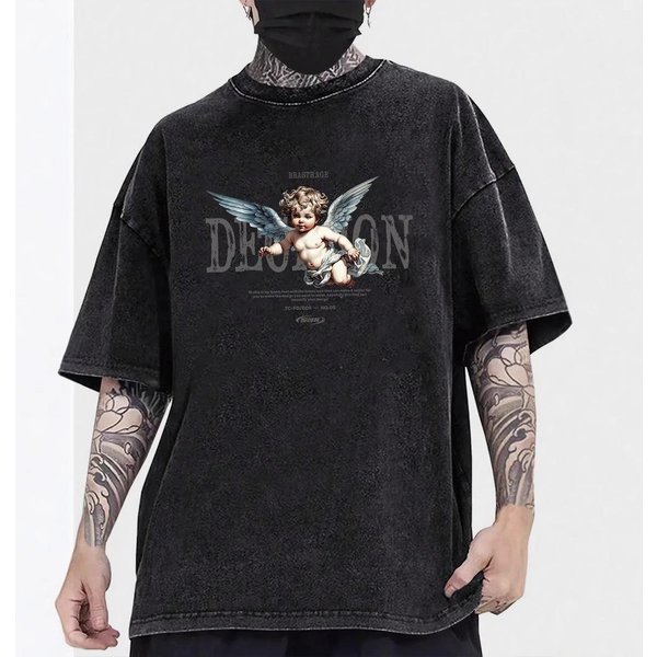 Camiseta Holgada De Verano Para Hombre De Peso Pesado Manga Corta Retro Old Hip-Hop Calle Casual Top Estampado De Dibujos Animados Xxxl Black-image