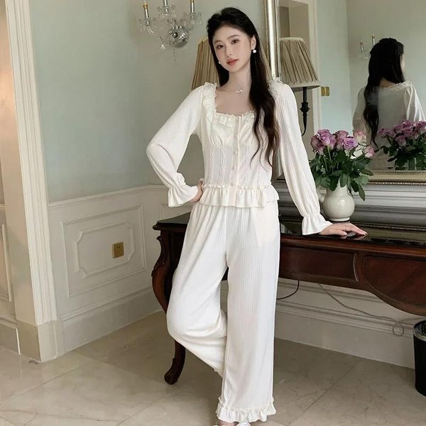 Pijama FrancéS Para Mujer De Manga Larga Y PantalóN, Lindo Estilo Princesa, Traje De AlgodóN, Pijama De OtoñO, Ropa De Casa, Ropa De Exterior XL Blanco-image
