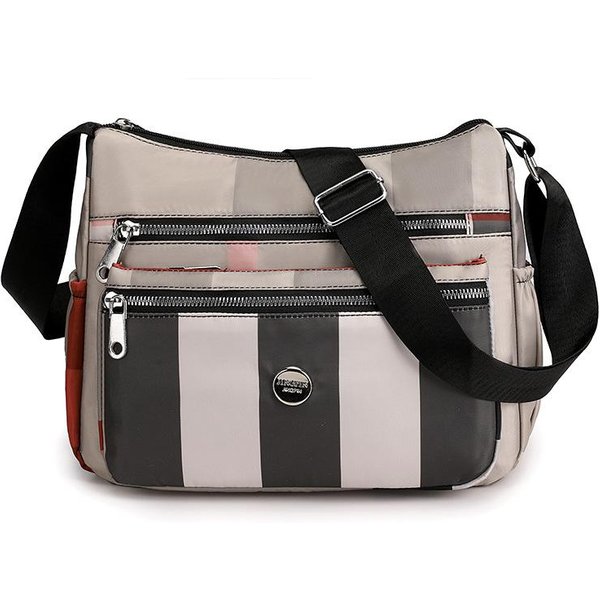 Nowa Damska Torba Typu Crossbody Z Nylonu, Modna, W Paski, DużA Pojemność, Prosta Torba Dla Mamy, Wielowarstwowa Khaki-image