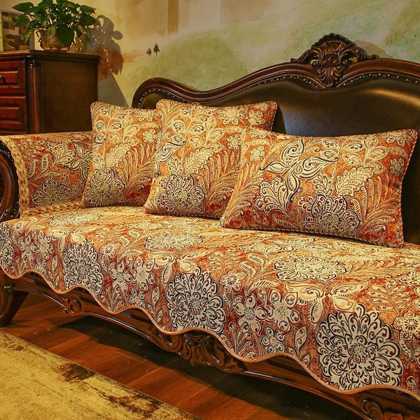 Funda De Sofá En Forma De L De Chenilla Con Dobladillo De FaldóN, Antideslizante, Resistente Al Desgaste, Con Funda De Almohada Y Toalla Para Sofá, Estilo Europeo Jacquard 60X60Cm 1Pcs-image