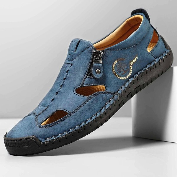 Sandalias De Verano Transpirables Para Hombre Sandalias Romanas De Moda Sandalias De Cuero Hechas A Mano Para Hombre Zapatos Casuales Plataforma Sandalias De Playa Para Hombre 45 Azul-image