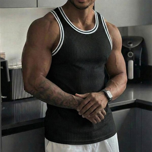 Camiseta Sin Mangas De Punto Acanalado Para Hombre, Camiseta AtléTica Sin Mangas Con Ribete De Contraste, Cuello Redondo, Ropa Deportiva, Chaleco De Ajuste Casual M-image