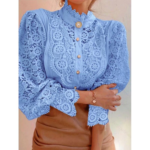 Vintage Cotton White Lace Shirt Tops Loose Casual Bluzki Hollow Crochet Floral Bluzka DłUgi RęKaw Damskie Koszule Blusas 12928 3XL Jasny Kolor Niebieski-image