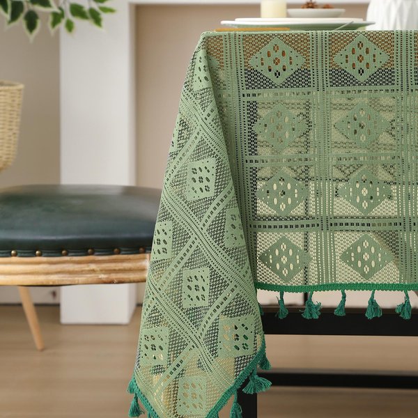 Retro Dzianinowy Obrus Koronkowy Zielony WydrążOny Obrus Vintage SzydełKowany OkrąGłY Obrus AmerykańSki Styl Koronkowy Topper Na Stół 140X100Cm White-image