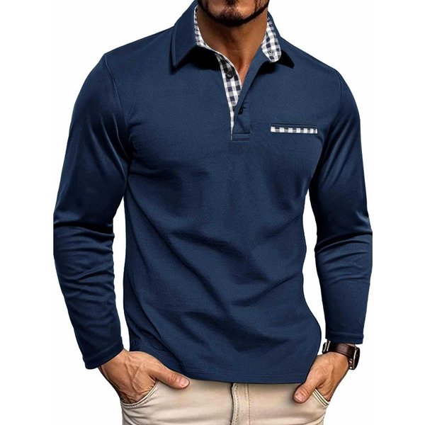 MęSka Dzianinowa Koszulka Polo W Kratę Z DłUgim RęKawem, Top Business-Casual, Odzież MęSka Na KażDą Porę Roku, LuźNy KróJ S-image
