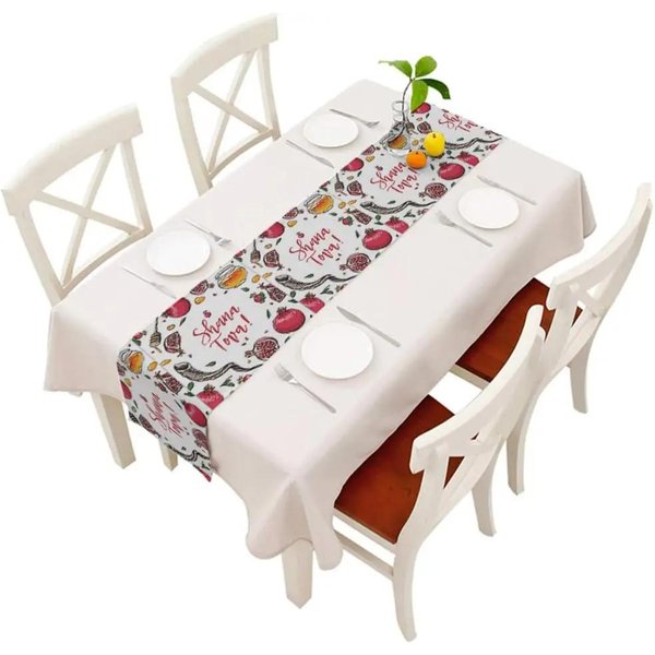 Mantel De Lino Para Rosh Hashaná DecoracióN De Fiesta JudíA Shana Tova Granada Miel Cuerno De Shofar DecoracióN Para Mesa De Cocina Y Comedor 150X33Cm Gray-image