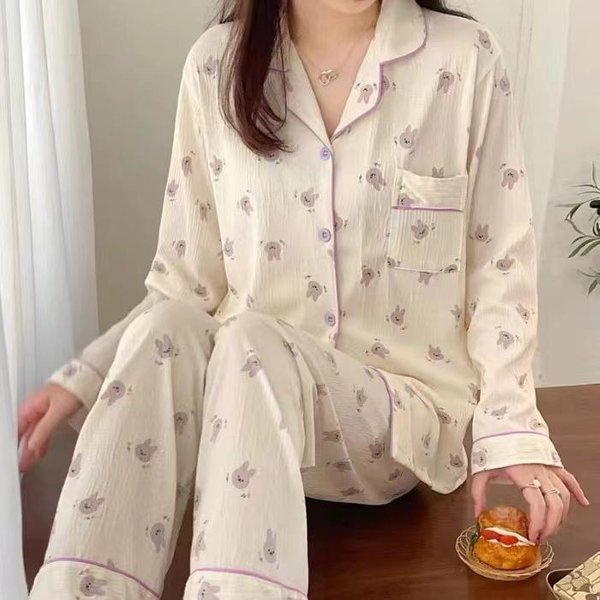 Pijama De Mujer OtoñO Primavera Manga Larga Suave Conjunto De Ropa De Dormir CuadríCula Floral Dibujos Animados Pijama Mujer Conjunto Ropa De Noche Para Casa CáRdigan XXL-image