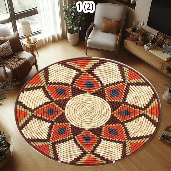 Etniczny OkrąGłY Dywan Z Geometrycznym Wzorem ImitująCym Splot Boho WystróJ Domu Dywanik Do Salonu/Sypialni MięKki AntypośLizgowy Dywanik PodłOgowy 80X80Cm-image