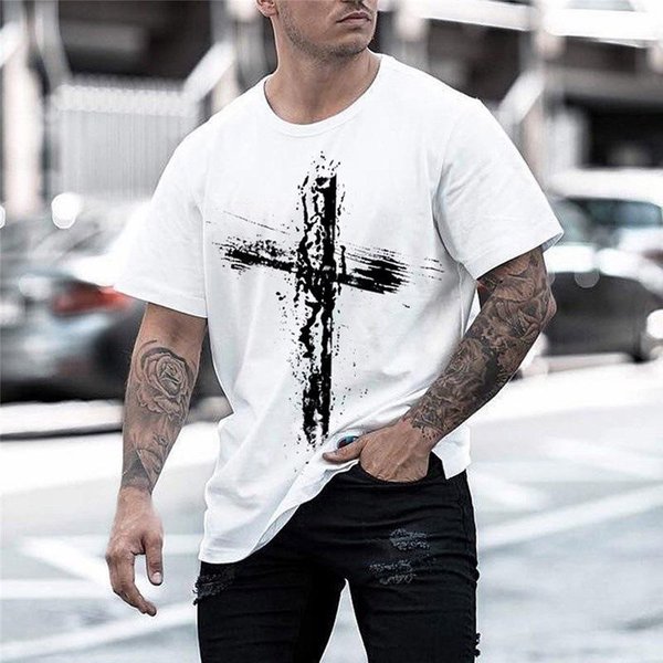 Camiseta De Verano Para Hombre Con Cuello Redondo, Estampado 3D De Cruz, Moda Casual, Manga Corta 6XL Gray-image