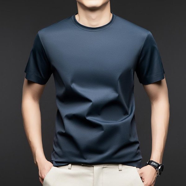Camiseta De Verano De Seda Morera Para Hombre, De AlgodóN, Cuello Redondo, Manga Corta, Antihielo, Estilo Polo. 3XL-image