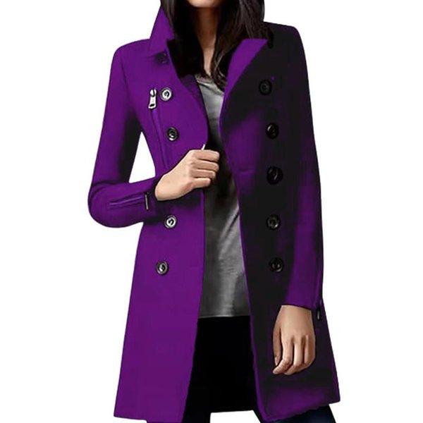 Abrigo Largo De Lana Para Mujer, Chaqueta Con Cremallera Y Doble Botonadura Para OtoñO E Invierno M Purple-image