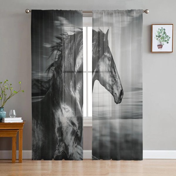BiegnąCy GalopująCy Koń BrąZowe Zwierzę Tiulowe Przezroczyste ZasłOny Okienne Do Salonu Sypialni Nowoczesne Woalowe Organzowe ZasłOny W135 X H115Cm X1&Grommet Top Black-image