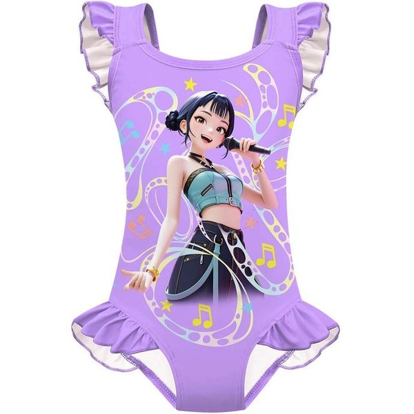 Dzieci Dziewczynki Anime KreskóWka POP Piosenkarki Rumi Mira Zoey Nadruk Falbanki Bez RęKawóW JednoczęśCiowy StróJ KąPielowy Kostium KąPielowy 140Cm Pink-image