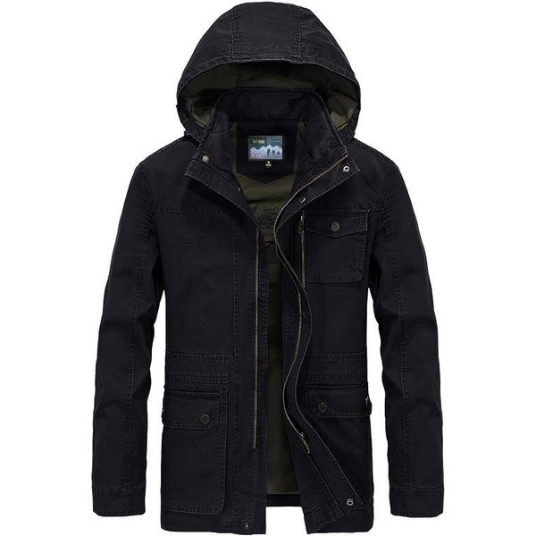 Estilo OtoñO Nuevo AlgodóN Longitud Media Multibolsillos Moda Casual Chaqueta Con Capucha Talla Grande Cremallera Chaqueta 4XL Black-image