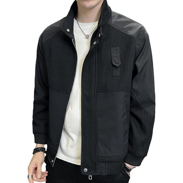 Chaqueta De Hombre, Cuello Alto, Manga Larga, Cremallera, Solapa, Chaqueta, Abrigo, Color SóLido, Retro, Chaqueta De Pana, Estilo Corto, Cortavientos M Negro-image