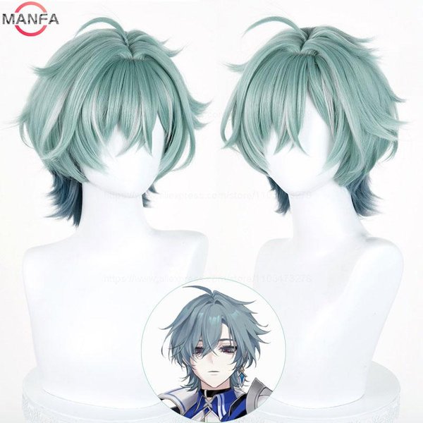 Genshin Impact Lohen Peruka Cosplay Jasnozielono-Niebieska Mieszanka KróTka Peruka Odporna Na CiepłO Syntetyczne Peruki Anime + Czepek Pod Perukę Gray-image