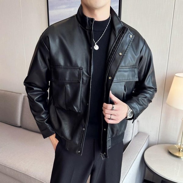 Chaqueta De Cuero Chaqueta OtoñO E Invierno Casual Para Hombre Marca De Moda Cuello Alto Ropa Locomotora Chaqueta De Cuero PU 4XL Negro-image