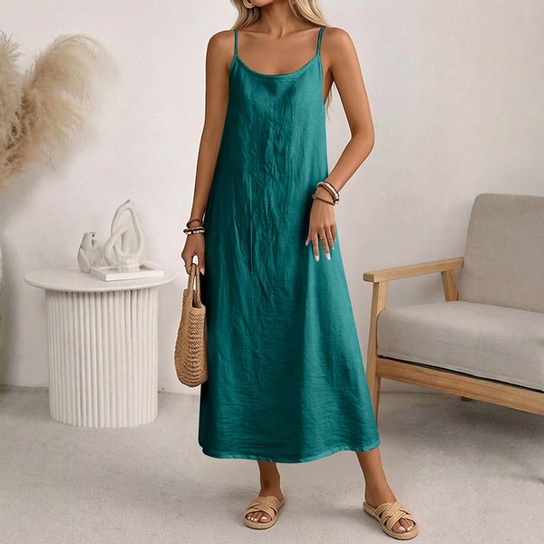 Vestido Casual Suelto Sin Mangas De AlgodóN Y Lino Para Mujer M Verde-image