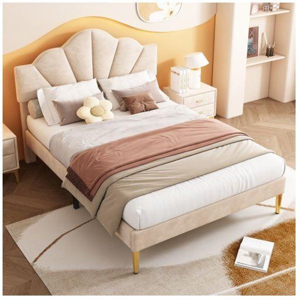 Cama Tapizada - Muvoe - 140X200 Cm - Terciopelo Beige - Cabecero Ajustable - Somier De Lamas De Madera Beige-image