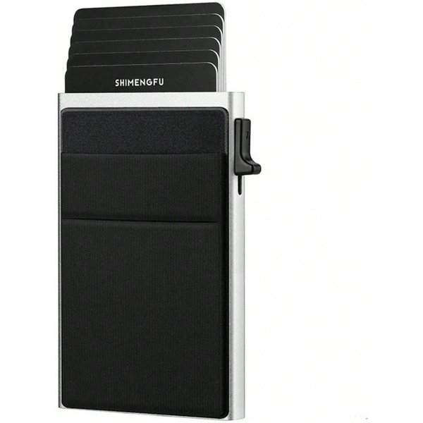 MęSki Portfel Z Automatycznym Wysuwaniem Kart Na Boczny Przycisk, Cienki, Z Ochroną Rfid, Antymagnetyczny, Na Karty Kredytowe Silver + Black Pouch Multikolor-image