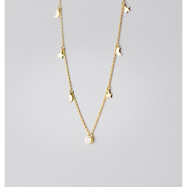 Collares Colgantes De Cadena De Estrella Y Luna De Plata De Ley 925 Cadena De Eslabones Estrellados Brillantes Para Mujeres JoyeríA AntialéRgica-image