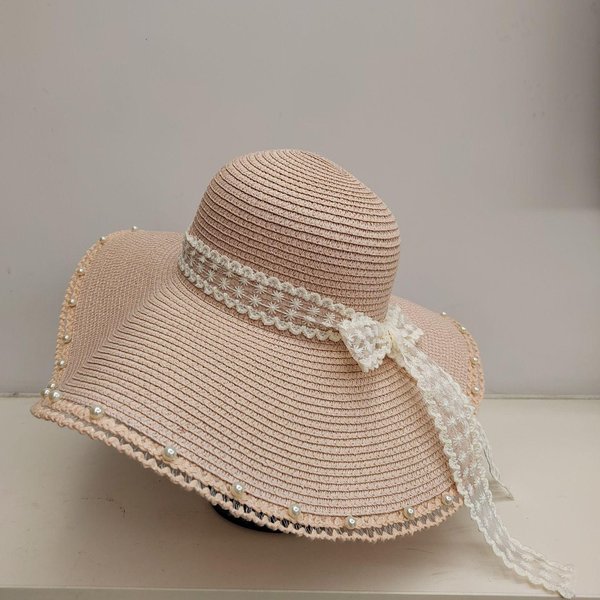 Sombrero De Sol Nuevo De Verano Sombrero De Paja Con Lazo ProteccióN Solar Sombrero De Encaje Para Vacaciones Sombrero De Pescador De Moda Para Playa Color Rosa-image