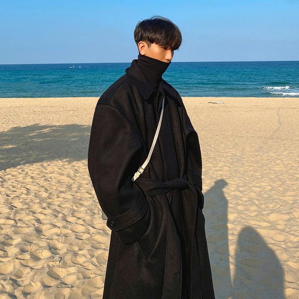 Abrigo De Lana Para Hombre OtoñO E Invierno Largo Medio Suelto Largo Hasta La Rodilla Cortavientos Estilo Coreano BritáNico Grueso Abrigo De Lana L Blue-image