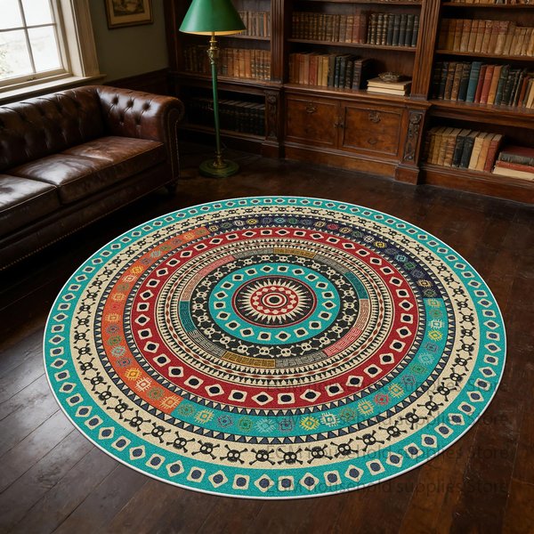 OkrąGłY Dywan W Stylu AmerykańSkim Retro WystróJ Sypialni Dekoracja Salonu Zmywalna Mata PodłOgowa Do Salonu PrzedpokóJ AntypośLizgowy MięKki Dywan Izable 2.6Ft(80X80Cm)-image