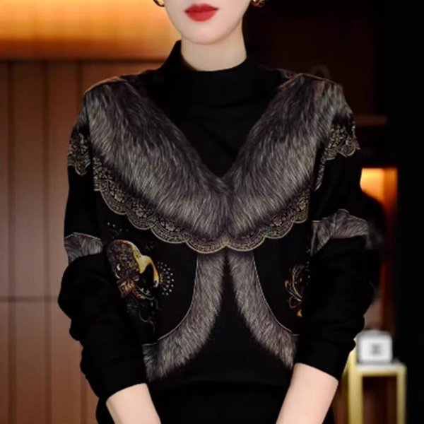 Invierno Estilo Extranjero CáLido Moda VersáTil Y Fino Top Semitortuga Camiseta Holgada De Manga Larga Mujer 3XL Black-image