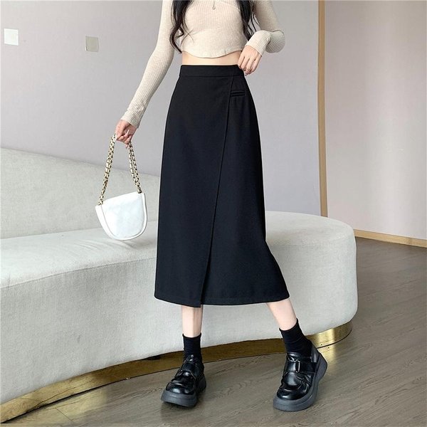 Falda Gris Temperamento Para Mujer En OtoñO Nueva Falda Midi De Cintura Alta Con Corte En A Por Encima De Las Rodillas Para Hacerlas Lucir Delgadas Falda Midi XL Black-image