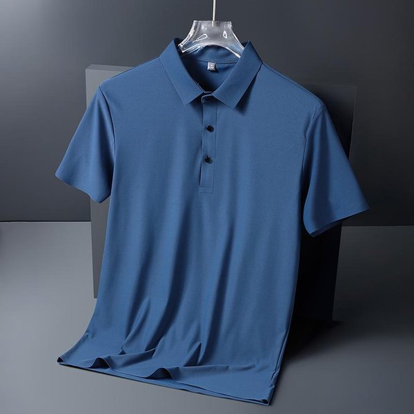 Camisa Polo De Seda Helada Para Hombre De Negocios Casual De Verano Sin Costuras Alta Elasticidad Sin Planchado Fina De Manga Corta Con Cuello Camisero Manga Corta 2XL-image