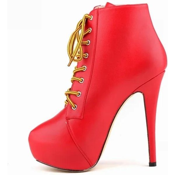 Damskie Botki Na Koturnie Jesień Zima OkrąGłY Nosek Pole Dance Seksowne Wysokie Obcasy CzółEnka Moda Zamek Sznurowane Damskie Buty DużY Rozmiar 35 Red-image