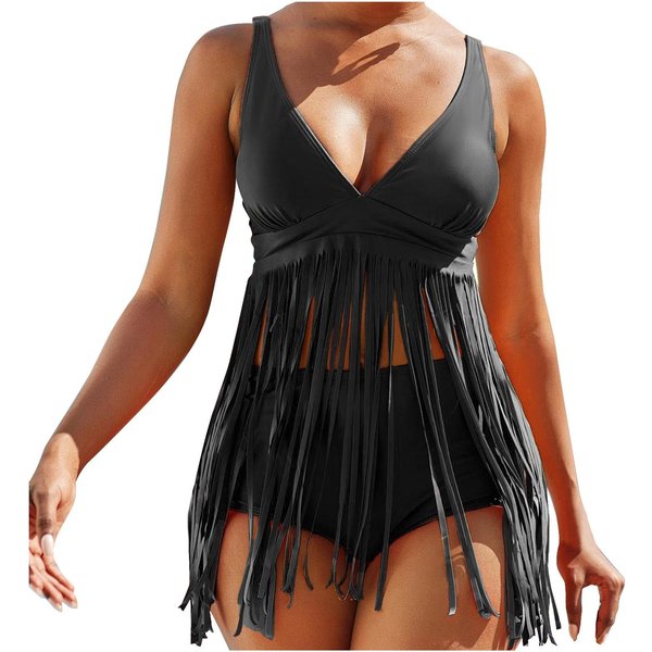 Letnia PlażA GłęBoki V Kostium KąPielowy Dla Kobiet Sukienka Z FręDzlami StróJ KąPielowy Dla Kobiet Plus Size Zestaw Bikini Z Wysokim Stanem Seksowny Kostium KąPielowy Push Up XXL Czarny-image