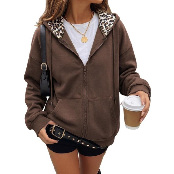 Sudadera Con Capucha Para Mujer, Cierre De Cremallera, Forro Con Estampado De Leopardo, Capucha, Manga Larga Extragrande, Chaqueta Sudadera Casual XXL Café-image
