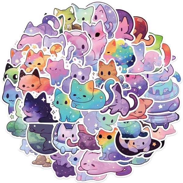 50 Piezas Lindos Gatos De Dibujos Animados EstéTicos Cielo Estrellado ArcoíRis Pegatinas De Gato, Pegatinas Impermeables Para Botella De Agua, PortáTil, TeléFono, Blue-image